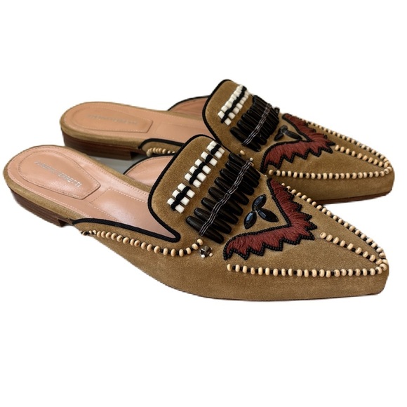 Alberta Ferretti Beaded Mules Tan Native American Leather Slip On Size 37.5 Sz 7 - Picture 1 of 10